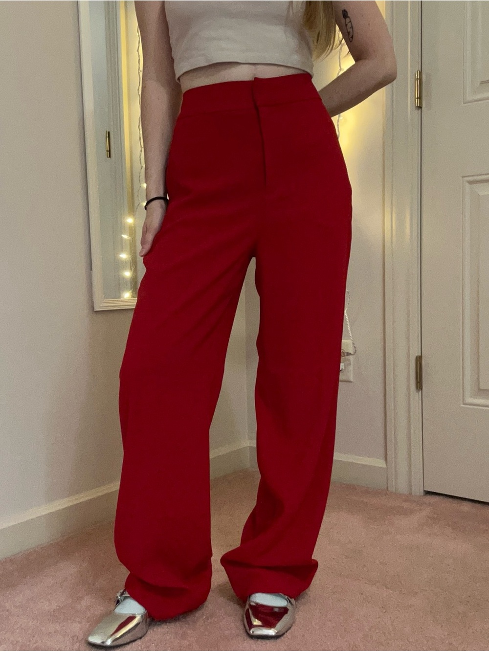 Red High Waisted Wide Leg Dress Pants